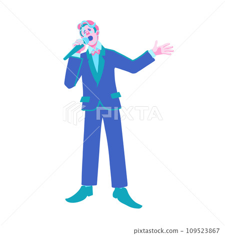 A male opera or pop singer in a suit with a bow tie artistically sings into a microphone. A male opera or pop singer in a suit with a bow tie artistically sings into a microphone. 109523867