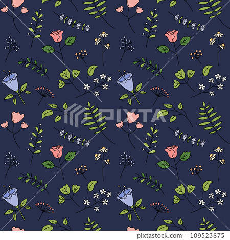 Floral pattern vector seamless background. Cute hand drawn flowers, leaf elements. Decorative plants repeat illustration 109523875