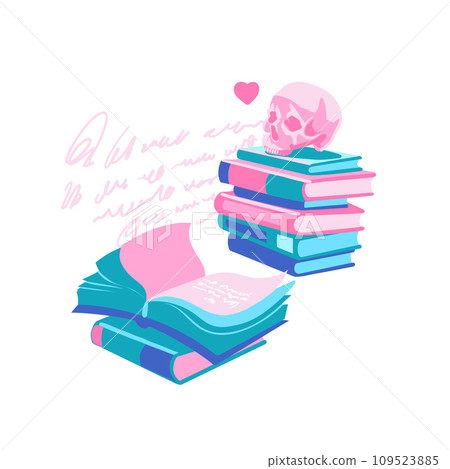 Composition of open and closed books with a human skull on top Composition of open and closed books with a human skull on top 109523885