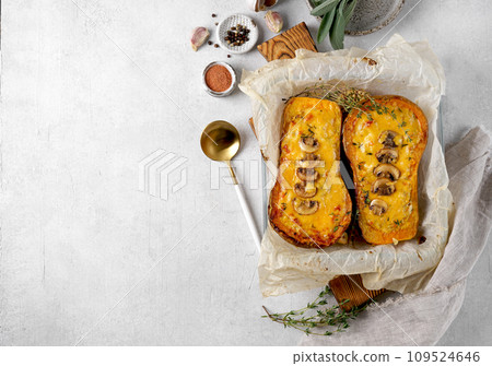 Butternut Roast with cream and Mushroom Stuffing. copy space 109524646