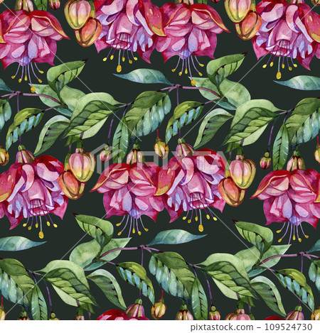 Seamless floral pattern in modern style. Fuchsia flowers Watercolor painting. 109524730