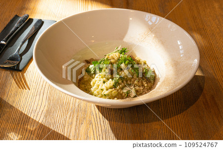 Mushroom Risotto on Elegant Restaurant Plate, Porcini Mushrooms Rissoto, Delicious Italian Risoto Lunch 109524767