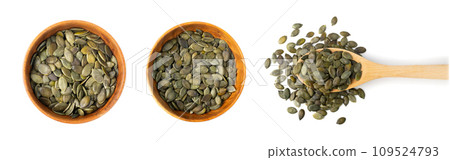 Pumpkin Seeds Isolated, Raw Pepita Grains, Scattered Green Healthy Nuts, Pumpkin Seed Group on White 109524793