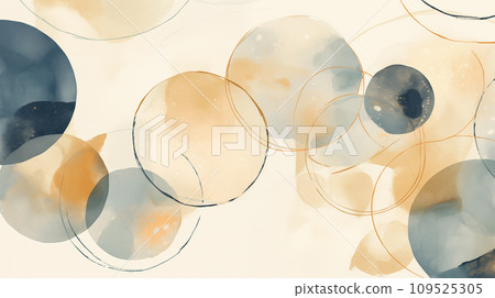 AI-generated content. Abstract watercolor art of overlapping circles in a neutral palette with gold accents, expressing a serene and contemporary aesthetic suitable for modern decor. 109525305