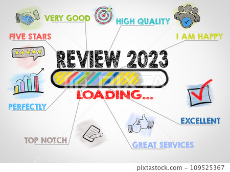 Review 2023 Concept. Chart with keywords and icons on gray background Review 2023 Concept. Chart with keywords and icons on gray background 109525367
