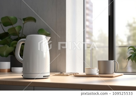 Empty airy kitchen interior and modern electric kettle. Generative AI 109525533