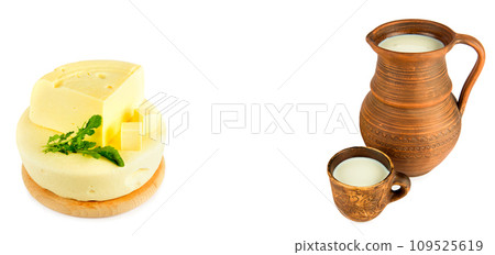Cheeseand a jug of milk isolated on white. Collage. Free space for text. Wide photo. 109525619