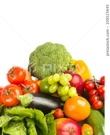 Set of vegetables and fruits isolated on a white. Vertical photo. Free space for text. Set of vegetables and fruits isolated on a white. Vertical photo. Free space for text. 109525645