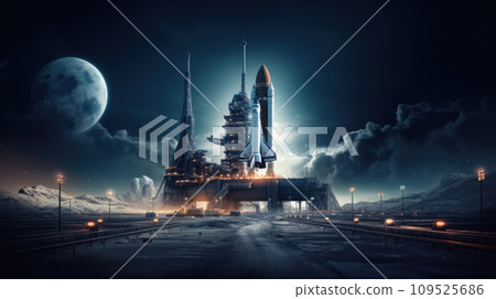 Space shuttle is on launch pad before start at night, rocket and big moon on sky background, fantasy view. Concept of travel, technology, science, sls, mission 109525686