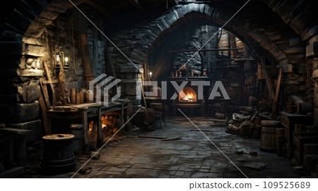 Old cellar or vintage house room, medieval workshop interior. Inside dark stone storage with fireplace. Concept of home, production, wood, basement, fantasy 109525689