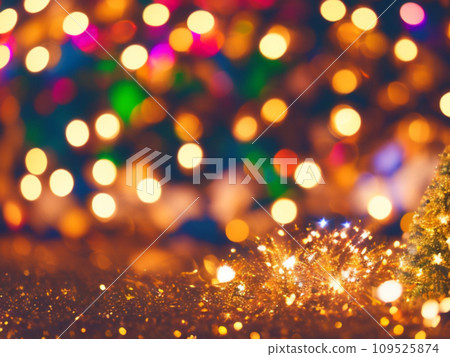AI-generated content. Beautiful Christmas bokeh with a warm shade of yellow, red and orange. New Year background for the demonstration or installation of products and goods. Multi-colored highlights 109525874