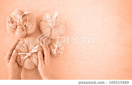 Hobby background with handmade knit pumpkins. DIY, craft decoration for fall and winter holidays. Flat lay, top view Peach fuzz is color of year 2024 tinted image 109525989