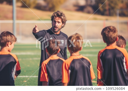 AI-generated content. Coach explaining the game plan for kids team 109526084