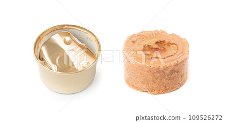 Pet Food in Metal Packaging Isolated, Wet Food for Cats, Dog Canned Pate, Open Pet Food on White Pet Food in Metal Packaging Isolated, Wet Food for Cats, Dog Canned Pate, Open Pet Food on White 109526272