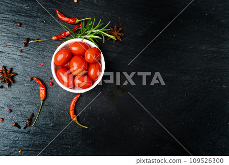 Pickled Cherry Tomatoes Isolated, Canned Small Tomato, Healthy Fermented Vegetables, Salted Marinated Food Pickled Cherry Tomatoes Isolated, Canned Small Tomato, Healthy Fermented Vegetables, Salted Marinated Food 109526300