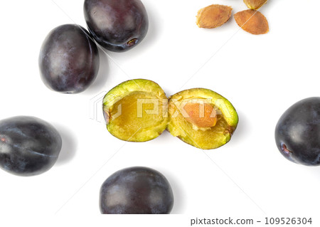 Plum Isolated, Whole Blue Prune, Ripe Fresh Plums, Dark Blue Healthy Fruits Plum Isolated, Whole Blue Prune, Ripe Fresh Plums, Dark Blue Healthy Fruits 109526304