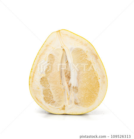 Pomelo Fruit Halves Isolated on White, Big Yellow Grapefruit Cut, Healthy Diet Pummelo, Whole Pomelo 109526313