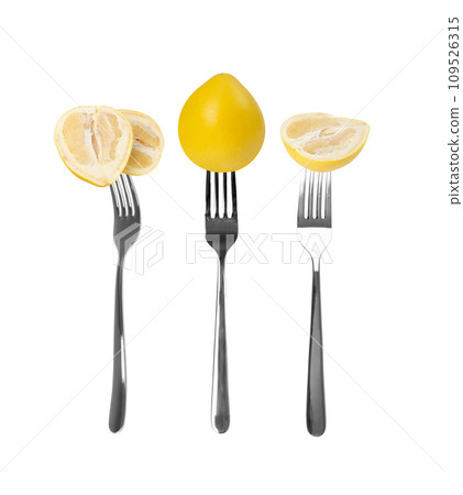 Pomelo Fruit on Forks Isolated on White, Big Yellow Grapefruits, Healthy Diet Pummelo Set 109526315