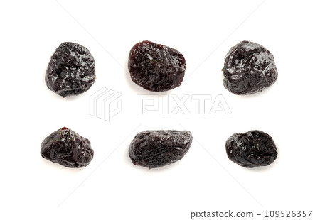 Dry Plums Isolated, Dried Black Fruits, Prune Group, Dry Plum Fruit on White Background 109526357