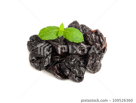 Dry Plums Isolated, Dried Black Fruits, Prune Group, Dry Plum Fruit on White Background Dry Plums Isolated, Dried Black Fruits, Prune Group, Dry Plum Fruit on White Background 109526360
