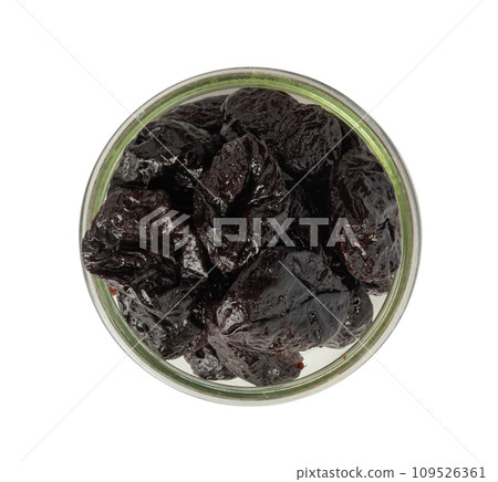 Dry Plums Isolated, Dried Black Fruits, Prune Group, Dry Plum Fruit on White Background 109526361