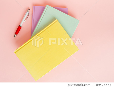 Copybook Mockup, Pink Notebook on Office Desk with Copy Space for Text, Moleskin Template 109526367