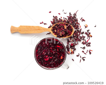 Hibiscus Tea, Dry Rose Drink, Cold Fruit Red Tea in Transparent Mug, Roselle Hibiscus Tea Hibiscus Tea, Dry Rose Drink, Cold Fruit Red Tea in Transparent Mug, Roselle Hibiscus Tea 109526419