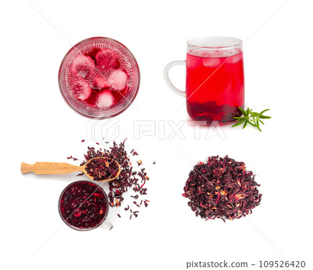 Hibiscus Tea, Dry Rose Drink, Cold Fruit Red Tea in Transparent Mug, Roselle Hibiscus Tea Hibiscus Tea, Dry Rose Drink, Cold Fruit Red Tea in Transparent Mug, Roselle Hibiscus Tea 109526420