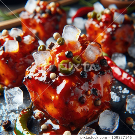 photo of Grilled transparent ice cubes on grill with spicy souce on brush . blurred street crowd on background 109527146
