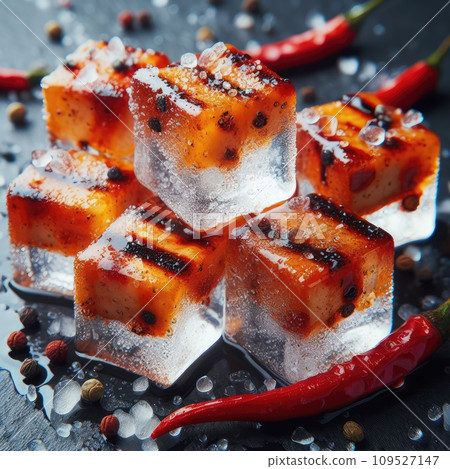 photo of Grilled transparent ice cubes on grill with spicy souce on brush . blurred street crowd on background photo of Grilled transparent ice cubes on grill with spicy souce on brush . blurred street crowd on background 109527147