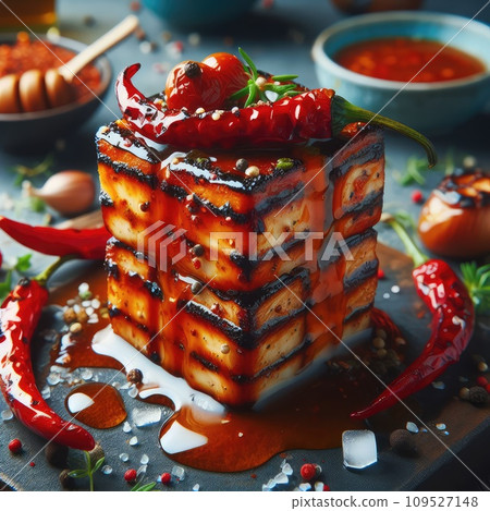 photo of Grilled transparent ice cubes on grill with spicy souce on brush . blurred street crowd on background photo of Grilled transparent ice cubes on grill with spicy souce on brush . blurred street crowd on background 109527148