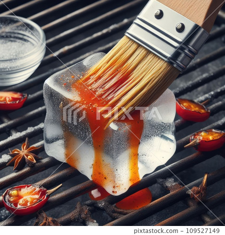 photo of Grilled transparent ice cubes on grill with spicy souce on brush . blurred street crowd on background photo of Grilled transparent ice cubes on grill with spicy souce on brush . blurred street crowd on background 109527149