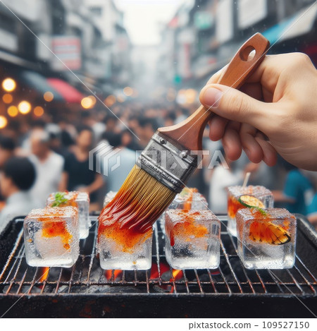 photo of Grilled transparent ice cubes on grill with spicy souce on brush . blurred street crowd on background photo of Grilled transparent ice cubes on grill with spicy souce on brush . blurred street crowd on background 109527150