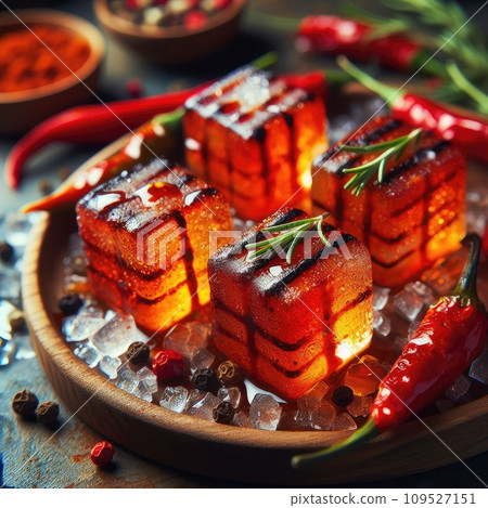 photo of Grilled transparent ice cubes on grill with spicy souce on brush . blurred street crowd on background photo of Grilled transparent ice cubes on grill with spicy souce on brush . blurred street crowd on background 109527151