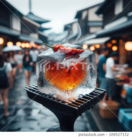 photo of Grilled transparent ice cubes on grill with spicy souce on brush . blurred street crowd on background photo of Grilled transparent ice cubes on grill with spicy souce on brush . blurred street crowd on background 109527152
