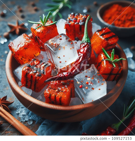 photo of Grilled transparent ice cubes on grill with spicy souce on brush . blurred street crowd on background 109527153