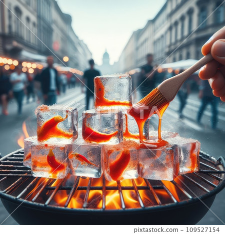 photo of Grilled transparent ice cubes on grill with spicy souce on brush . blurred street crowd on background 109527154