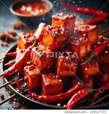 photo of Grilled transparent ice cubes on grill with spicy souce on brush . blurred street crowd on background 109527155