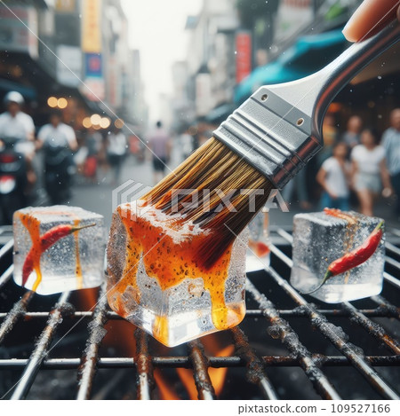 photo of Grilled transparent ice cubes on grill with spicy souce on brush . blurred street crowd on background photo of Grilled transparent ice cubes on grill with spicy souce on brush . blurred street crowd on background 109527166