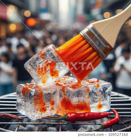 photo of Grilled transparent ice cubes on grill with spicy souce on brush . blurred street crowd on background photo of Grilled transparent ice cubes on grill with spicy souce on brush . blurred street crowd on background 109527168