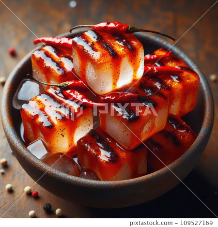 photo of Grilled transparent ice cubes on grill with spicy souce on brush . blurred street crowd on background photo of Grilled transparent ice cubes on grill with spicy souce on brush . blurred street crowd on background 109527169