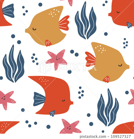 Undersea pattern with creative and colorful fishes and corals.  109527327