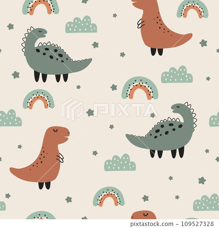 Cute seamless childish pattern with cute dinosaurs. Kids texture for fabric, wrapping, textile, wallpaper, apparel.  109527328