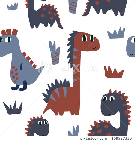 Cute seamless childish pattern with cute dinosaurs. Kids texture for fabric, wrapping, textile, wallpaper, apparel. Cute seamless childish pattern with cute dinosaurs. Kids texture for fabric, wrapping, textile, wallpaper, apparel. 109527330