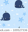 Vector hand drawn colored children's seamless repeating simple flat pattern with whales and stars  109527336