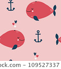 Vector hand drawn colored children's seamless repeating simple flat pattern with whales in Scandinavian style  109527337
