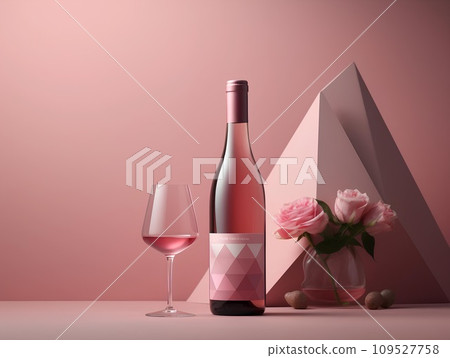Wine bottle and glass on a pink background. 3d rendering for valentine day and celebration Wine bottle and glass on a pink background. 3d rendering for valentine day and celebration 109527758