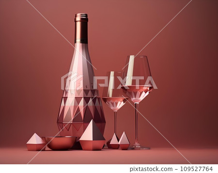 Wine bottle and glass on a pink background. 3d rendering for valentine day and celebration Wine bottle and glass on a pink background. 3d rendering for valentine day and celebration 109527764
