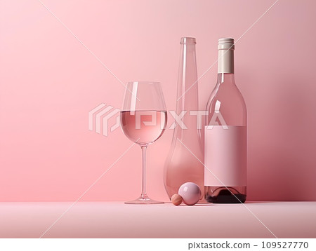 Wine bottle and glass on a pink background. 3d rendering for valentine day and celebration  109527770
