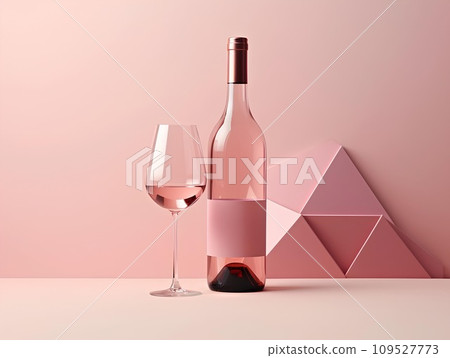 Wine bottle and glass on a pink background. 3d rendering for valentine day and celebration Wine bottle and glass on a pink background. 3d rendering for valentine day and celebration 109527773